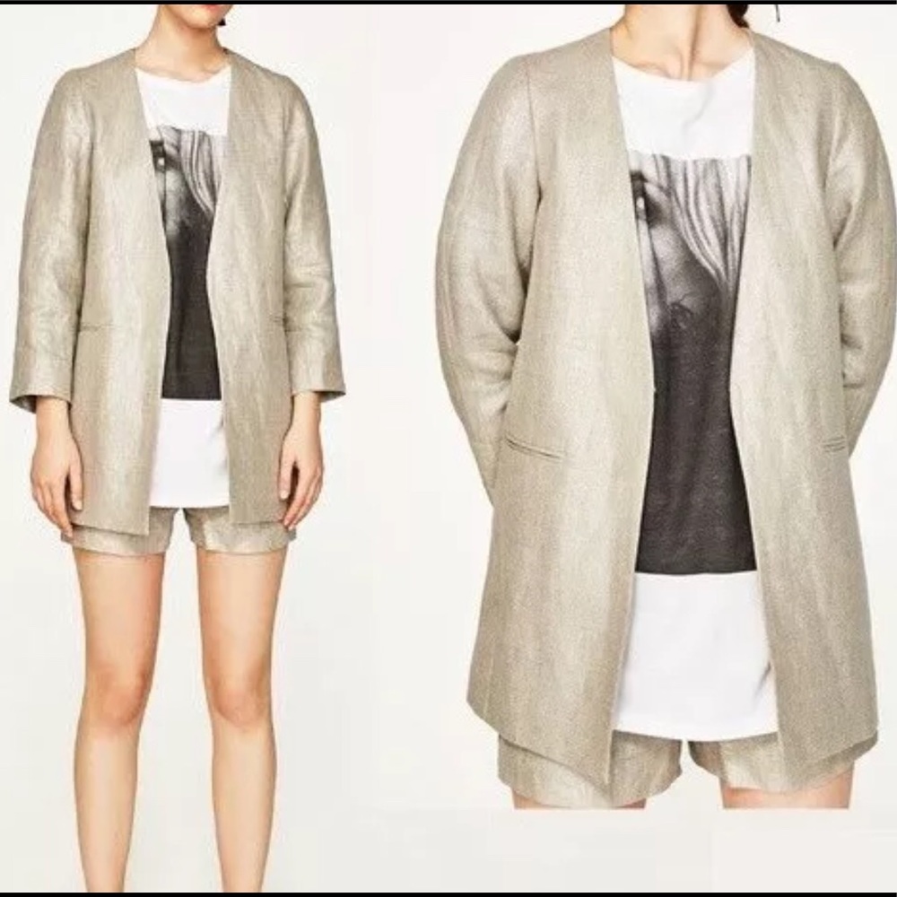 Zara Basic Size Medium Silver Tone Long Blazer Jacket
